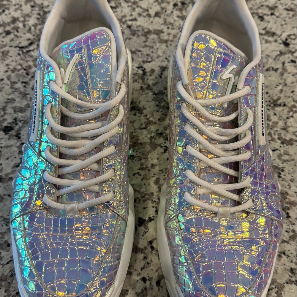 Iridescent Holographic Croc-Embossed Women's Sneakers - White Laces